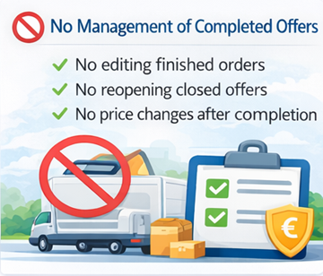ExusTrans platformunda sürücülerin tamamlanmış taşıma tekliflerini düzenleyemeyeceğini veya yeniden açamayacağını gösteren illüstrasyon