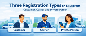 Daha iyi kullanıcı deneyimi ve taşımacılık pazar yeri organizasyonu için ExusTrans’te üç hesap kayıt türü